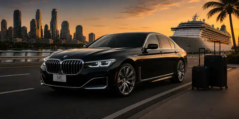 BMW 7 Series luxury transportation to Houston cruise ports and Gulf Coast destinations featuring private chauffeur service, cruise terminal transfers, door-to-door travel, and Lavish Ride branding at sunset.